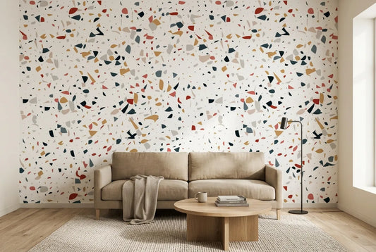 Papel tapiz Terrazzo Pietra instalado en una sala de estar minimalista