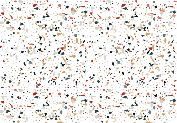 Papel tapiz con diseño de patrón de terrazo contemporáneo con piedras en tonos terracota, mostaza y negro sobre blanco.