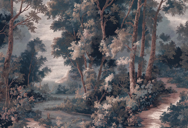 Papel tapiz mural con paisaje clásico de bosque frondoso, río y sendero en tonos verdes y rosas vintage