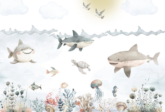 Papel tapiz infantil con tiernos tiburones, tortuga y corales marinos en acuarela gris y azul pastel