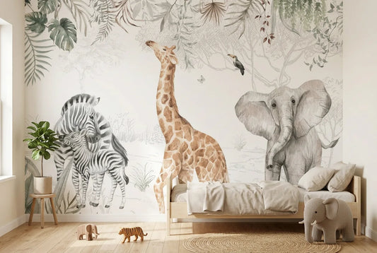 Papel tapiz Tierna Jungla instalado en una habitación infantil