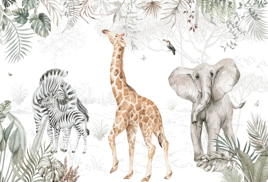 Papel tapiz infantil con elefante, jirafa y cebras en acuarela con follaje tropical sobre fondo claro