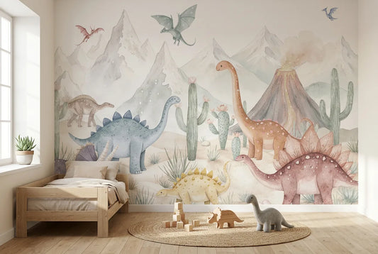 Papel tapiz Tierra de Dinosaurios instalado en una habitación infantil