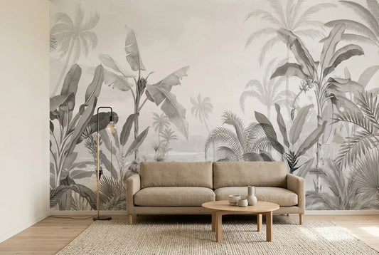 Papel tapiz Tirrenas instalado en una sala de estar minimalista