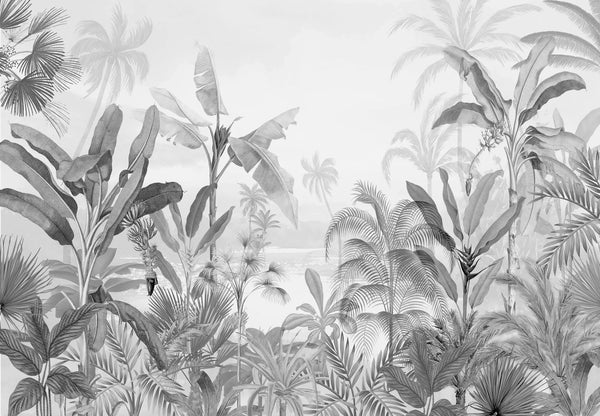 Papel tapiz mural botánico en escala de grises con palmeras y bananeros en estilo grabado