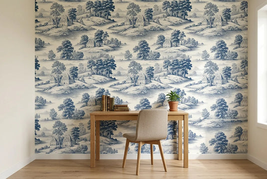 Papel tapiz Toile Bleu instalado en un espacio de trabajo en casa