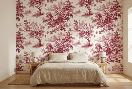 Papel tapiz Toile Borgoña instalado en un dormitorio sereno
