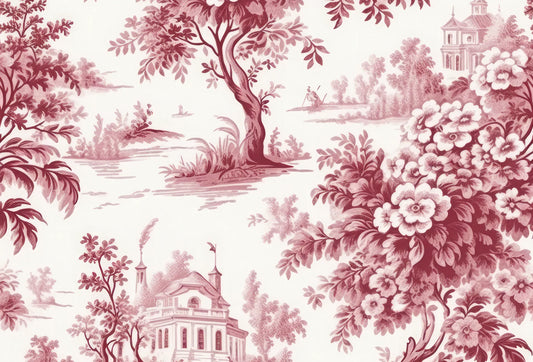 Papel tapiz clásico estilo Toile de Jouy en tono borgoña con paisajes bucólicos, castillos y flores sobre fondo crema.