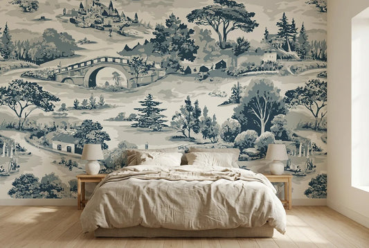Papel tapiz Toile Campestre instalado en un dormitorio sereno