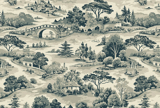 Papel tapiz estilo Toile de Jouy con paisaje campestre, puentes y árboles en tonos gris y crema.
