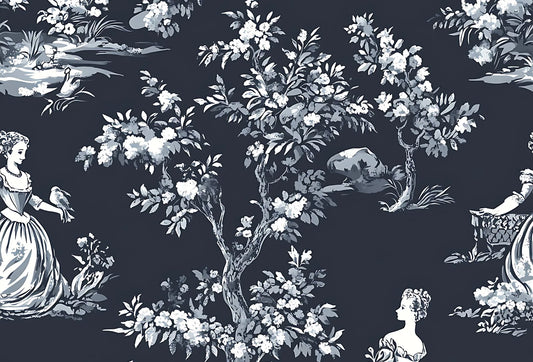 Papel tapiz estilo Toile de Jouy con damas y árboles campestres en tonos blanco y azul noche
