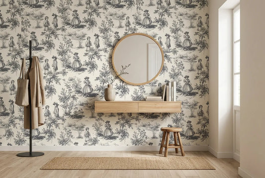 Papel tapiz Toile Pastorale instalado en un recibidor de estilo nórdico