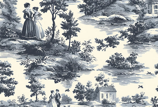 Papel tapiz estilo Toile de Jouy con escenas campestres clásicas en azul oscuro sobre fondo crema.