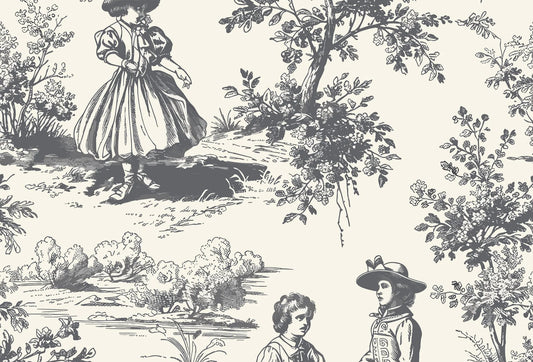 Papel tapiz estilo Toile de Jouy con escenas campestres clásicas en gris sobre fondo crema.