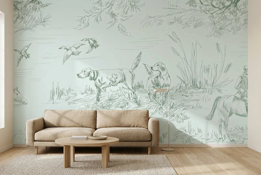 Papel tapiz Toile Sauvage Empapelados y Patrones instalado en una sala de estar minimalista