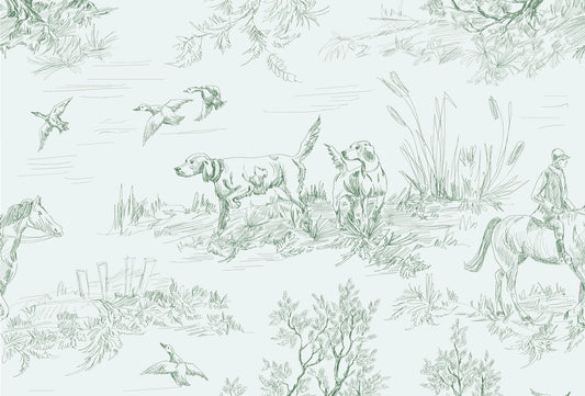 Papel tapiz estilo Toile de Jouy con ilustraciones campestres de perros, jinetes y aves en verde salvia.