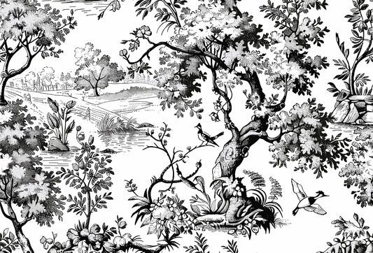Papel tapiz estilo Toile de Jouy en blanco y negro con grabado de árboles, aves y paisajes campestres.