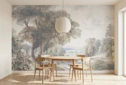 Papel tapiz Toscana instalado en un comedor luminoso