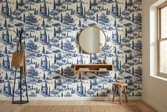 Papel tapiz Toscana Azul instalado en un recibidor de estilo nórdico