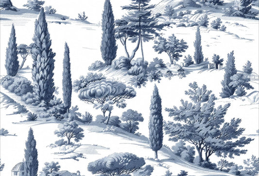 Papel tapiz estilo Toile de Jouy con grabado de paisaje campestre y cipreses en azul y blanco.