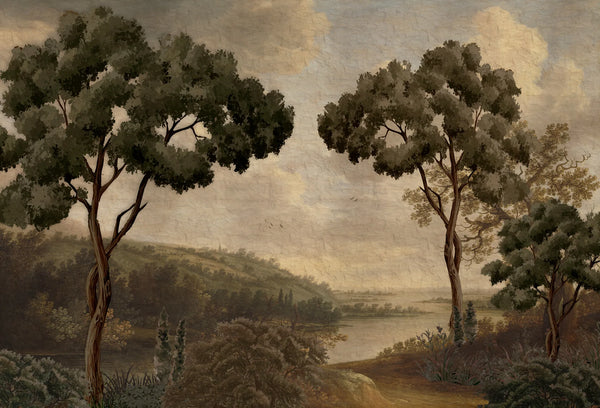 Papel tapiz mural con paisaje toscano clásico al óleo en tonos verde oliva, beige y tierra.