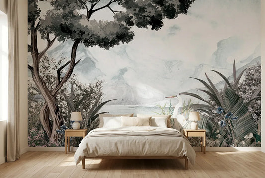 Papel tapiz Traful instalado en un dormitorio sereno