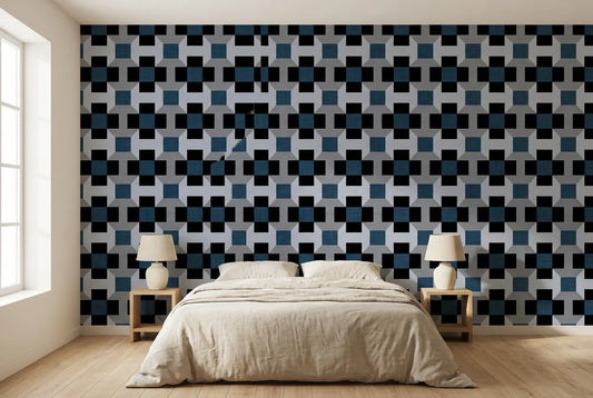 Papel tapiz Trama Azul instalado en un dormitorio sereno