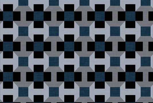 Papel tapiz con patrón geométrico de cruces y bloques en azul índigo, negro y gris con textura de lino.