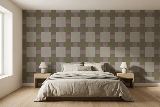 Papel tapiz Trama Beige instalado en un dormitorio sereno