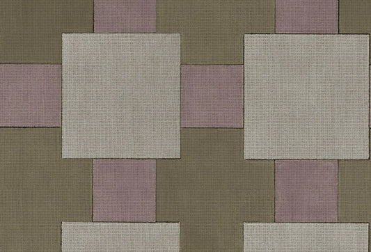 Papel tapiz con diseño geométrico de bloques en beige, topo y malva con textura textil.
