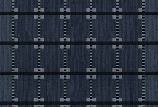 Papel tapiz con patrón geométrico estilo textil en tono azul marino profundo y líneas grises para pared.
