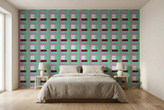 Papel tapiz Trama Retro instalado en un dormitorio sereno