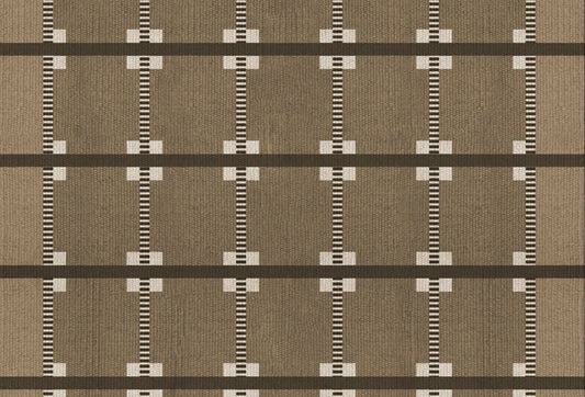 Papel tapiz con diseño de cuadrícula geométrica en textura textil y tonos sepia, marrón y beige.