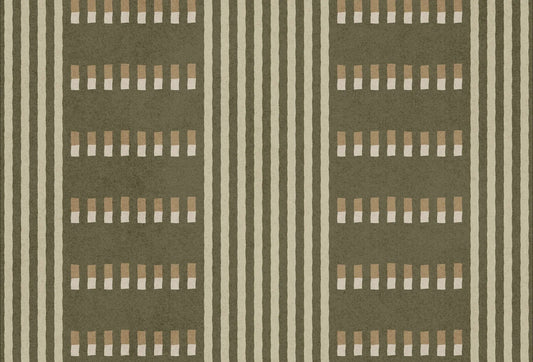 Papel tapiz con diseño de líneas y bloques geométricos en verde oliva, arena y beige