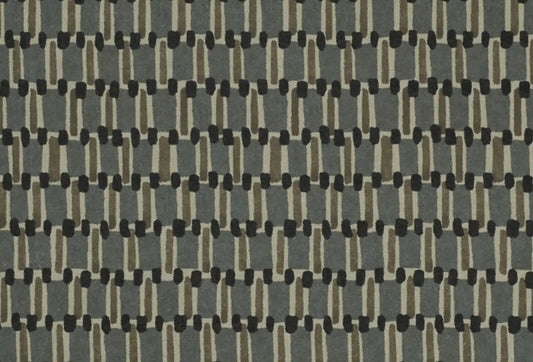Papel tapiz con patrón geométrico estilo telar en tonos verde salvia, oliva y detalles en negro.