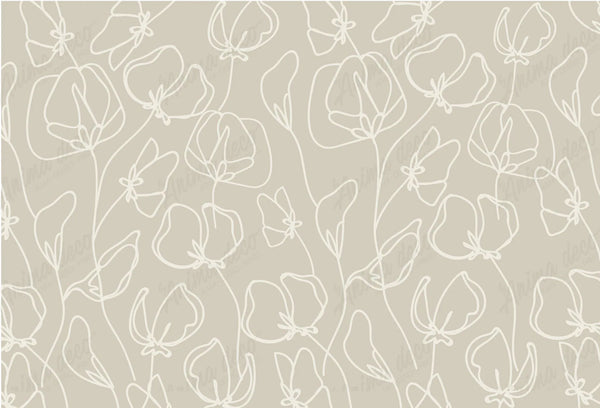 Papel tapiz con diseño floral de trazo continuo blanco sobre fondo neutro beige para decoración de paredes.