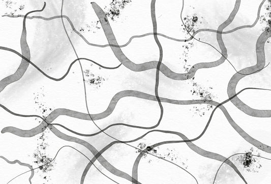 Papel tapiz mural abstracto con líneas onduladas grises y textura de tinta sobre fondo claro.