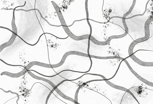 Papel tapiz mural abstracto con líneas onduladas grises y textura de tinta sobre fondo claro.