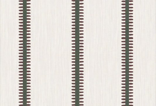 Papel tapiz con rayas verticales verdes y detalles marrón oscuro sobre fondo textura lino marfil.