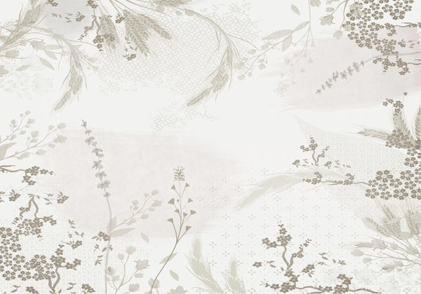 Papel tapiz botánico con espigas de trigo y ramas florales en tonos beige y marfil sobre fondo claro.