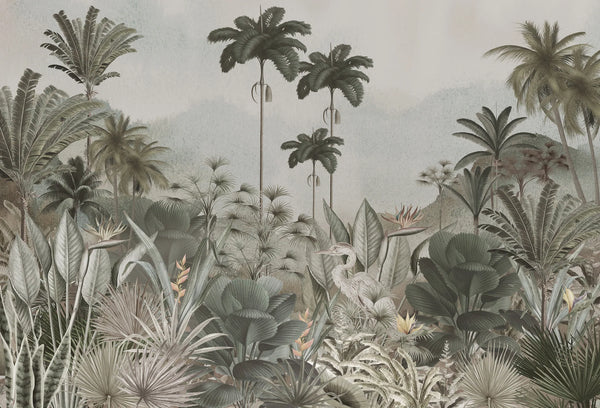 Papel tapiz mural botánico de estilo vintage con palmeras, follaje tropical y una garza en tonos verde salvia y beige.
