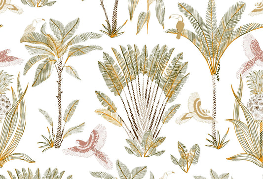 Papel tapiz con grabado de palmeras, tucanes y aves en tonos verde oliva y dorado sobre fondo blanco.