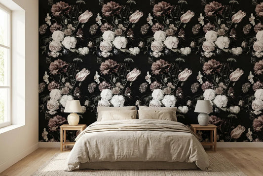 Papel tapiz Tulipán Noir instalado en un dormitorio sereno