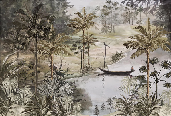 Papel tapiz mural con paisaje tropical vintage de palmeras, río y canoa en tonos olivo, beige y sepia.