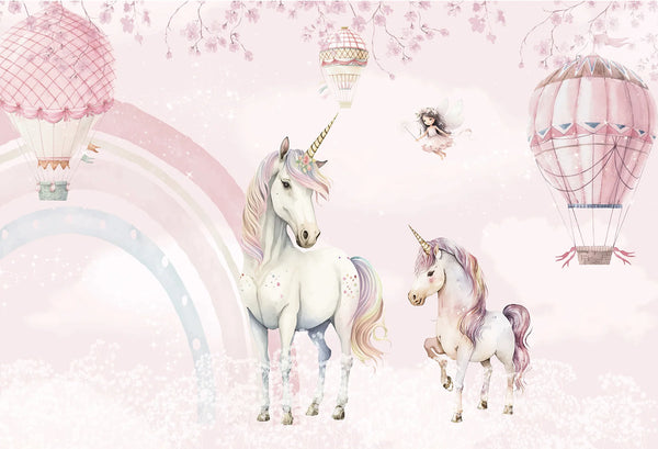 Papel tapiz mural infantil con tiernos unicornios, globos aerostáticos y arcoíris en tonos rosa pastel