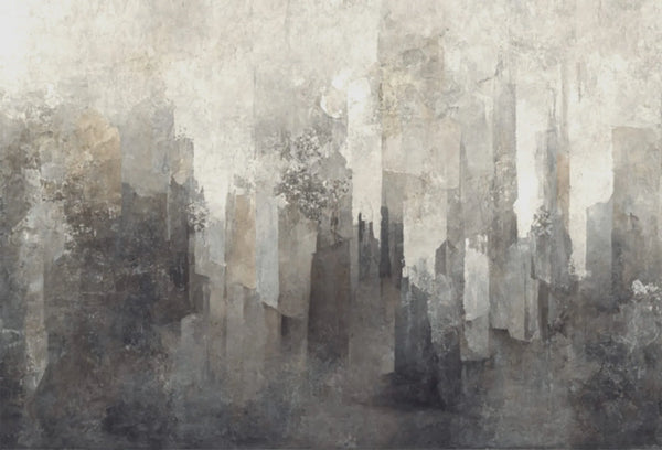 Papel tapiz con siluetas urbanas abstractas en tonos grises, arena y grafito con textura pictórica