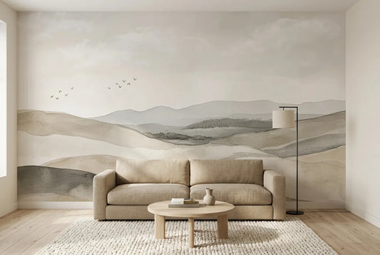Papel tapiz Vail instalado en una sala de estar minimalista