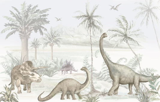 Papel tapiz mural infantil con dinosaurios ilustrados en tonos suaves y palmeras tropicales