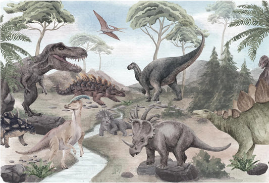 Papel tapiz mural infantil estilo acuarela con dinosaurios como T-Rex y triceratops en tonos verde salvia y gris.