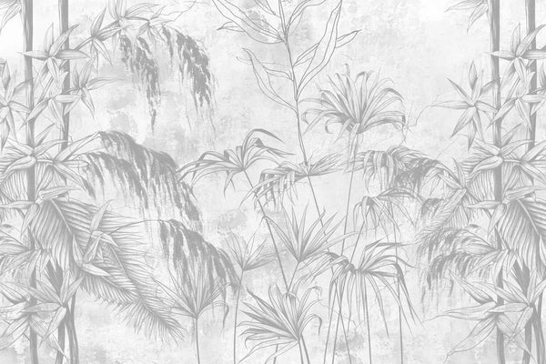 Papel tapiz con diseño botánico de palmeras y follaje grabado en tonos grises y fondo claro